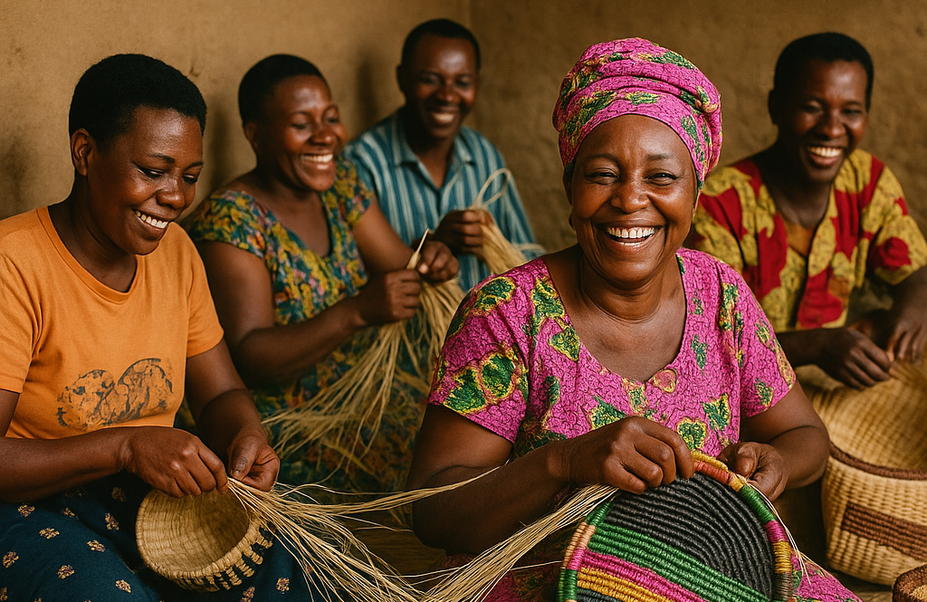 Group of women engaged in basket weaving with a warm, earthy background.